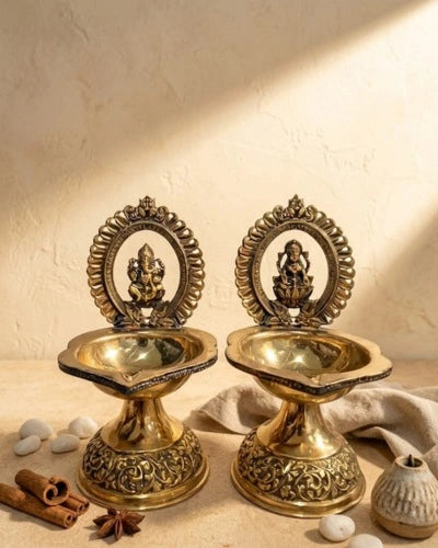 Superfine Brass Laxmi & Ganesh Deepam Pair| Pooja Oil Lamp