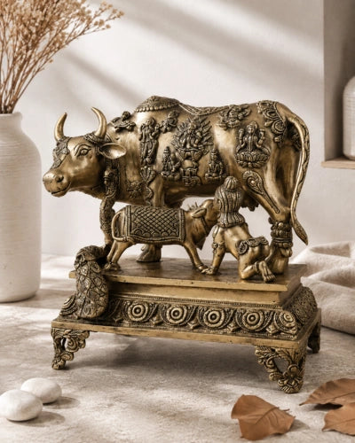 BRASS COW WITH CALF AND BAL GOPAL