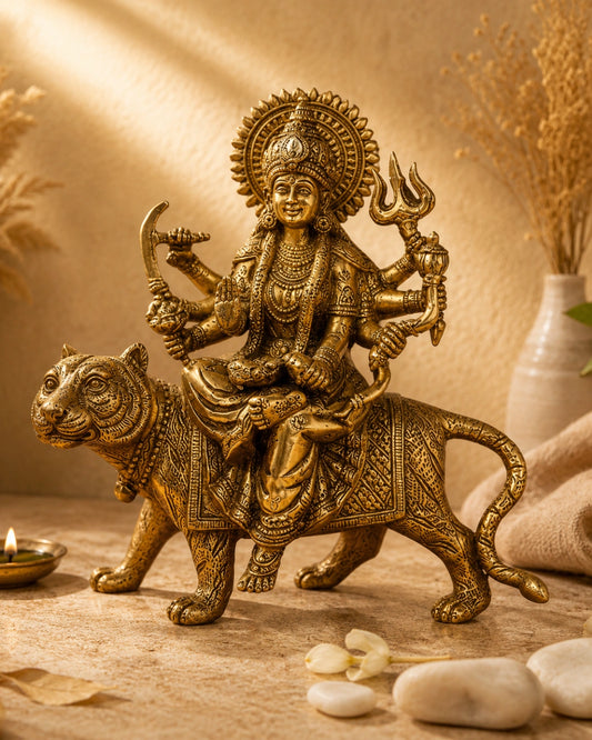 BRASS DURGA IDOL SITTING ON LION