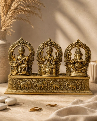 BRASS GANESH LAKSHMI SARASWATI ON HIGH BASE LARGE