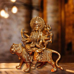 BRASS DURGA IDOL SITTING ON LION