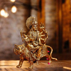 BRASS DURGA IDOL SITTING ON LION