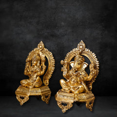 Brass Ganesh Lakshmi Idol on Chowki Large