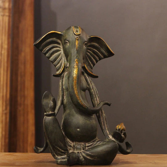 Brass Ganesha Idol in Stone Finish | Antique Patina Lord Ganesh Sculpture