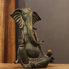 Brass Ganesha Idol in Stone Finish | Antique Patina Lord Ganesh Sculpture