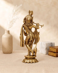 Brass Krishna Idol with flute on Lotus Base