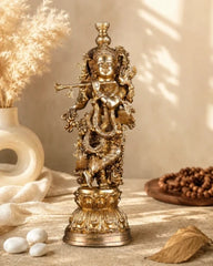 Brass Krishna Statue with Sharp Features – Elegant Divine Sculpture