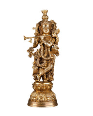 Brass Krishna Statue with Sharp Features – Elegant Divine Sculpture