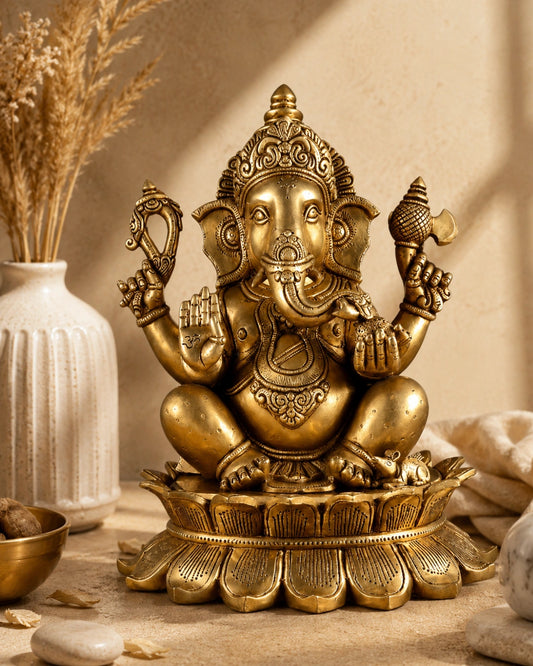 Brass Lord Ganesha Statue on Lotus Base