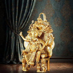 Brass Lord Ganesha Statue on Singhasan Throne with Shiva