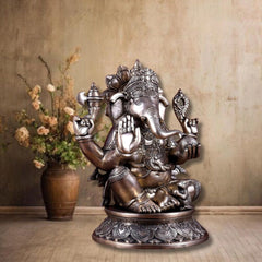 Brass Superfine Ganesha on Lotus with Annam Lamps & Hanging Bells