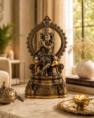 Brass Lord Krishna with Cow on Grand Kirtimukha Pedestal with Twin Peacock Lamps
