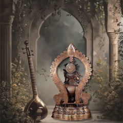 Brass Lord Krishna with Cow on Grand Kirtimukha Pedestal with Twin Peacock Lamps