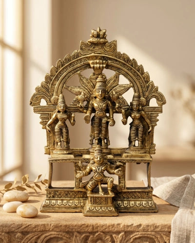 Lord Vishnu with Lakshmi and Bhudevi on Garuda Pedestal In Brass