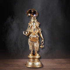 Brass Standing Ganesha with Umbrella & Kamandal – Rare Depiction of Lord Ganapati 28 inch