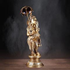 Brass Standing Ganesha with Umbrella & Kamandal – Rare Depiction of Lord Ganapati 28 inch