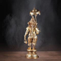 Brass Standing Ganesha with Umbrella & Kamandal – Rare Depiction of Lord Ganapati 28 inch
