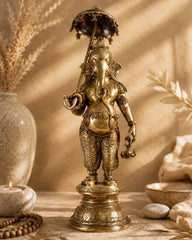 Brass Standing Ganesha with Umbrella & Kamandal – Rare Depiction of Lord Ganapati 28 inch