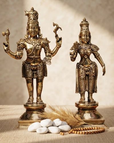 Brass Standing Shiva & Parvati Idol Holding Axe and Deer