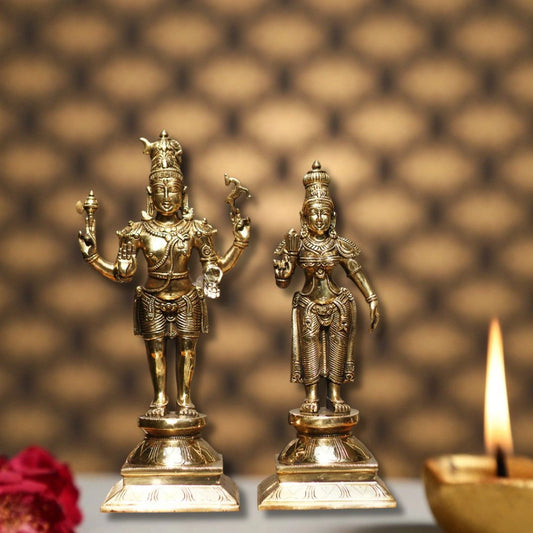 Brass Standing Shiva & Parvati Idol Holding Axe and Deer