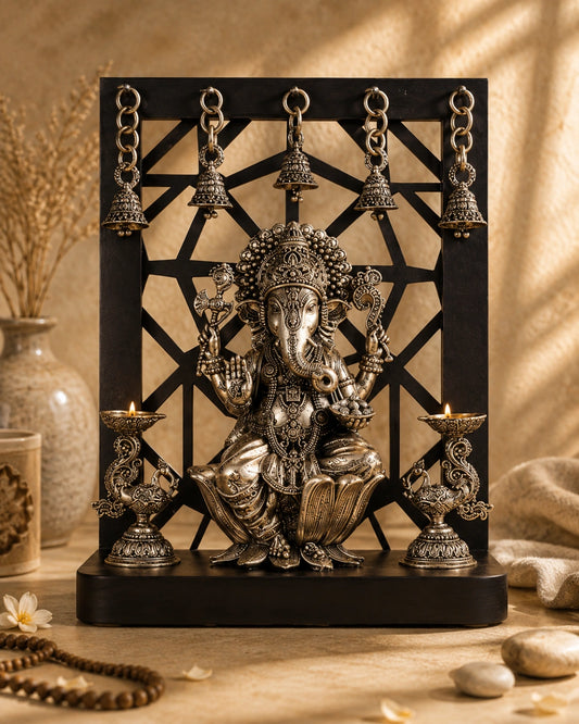 Brass Superfine Ganesha on Lotus with Annam Lamps & Hanging Bells 12 inch