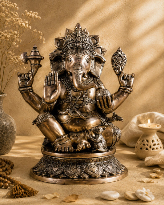 Brass Superfine Ganesha on Lotus with Annam Lamps & Hanging Bells