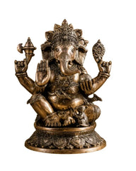 Brass Superfine Ganesha on Lotus with Annam Lamps & Hanging Bells