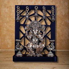 Brass Superfine Ganesha on Lotus with Annam Lamps & Hanging Bells 12 inch