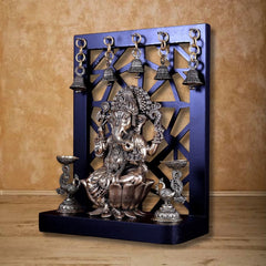 Brass Superfine Ganesha on Lotus with Annam Lamps & Hanging Bells 12 inch