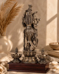 Brass Superfine Lord Krishna Idol with Twin Lakshmi Diyas on Wooden Base
