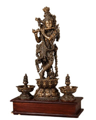 Brass Superfine Lord Krishna Idol with Twin Lakshmi Diyas on Wooden Base