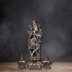 Brass Superfine Lord Krishna Idol with Twin Lakshmi Diyas on Wooden Base