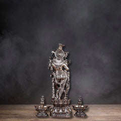 Brass Superfine Lord Krishna Idol with Twin Lakshmi Diyas on Wooden Base