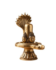 Brass Shivalingam with Four Shiva Faces and Nine Hooded Serpent Protection