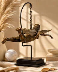 Flying Angel with Wooden Base - Bronze Sculpture