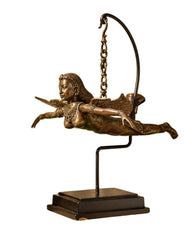 Flying Angel with Wooden Base - Bronze Sculpture