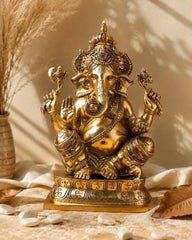 GANESHA STATUE WITH CROWN | HANDCRAFTED BRASS IDOL