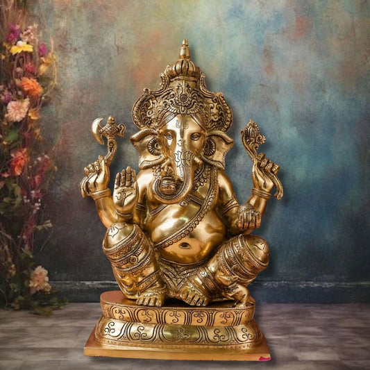 GANESHA STATUE WITH CROWN | HANDCRAFTED BRASS IDOL