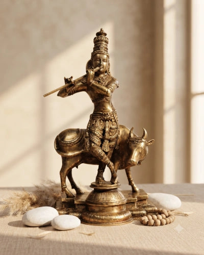 Idol of Brass krishna and Cow Statue