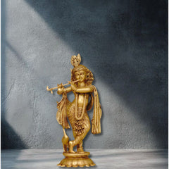 Brass Krishna Idol with flute on Lotus Base