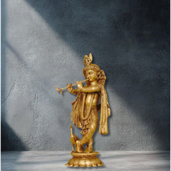 Brass Krishna Idol with flute on Lotus Base