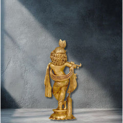 Brass Krishna Idol with flute on Lotus Base