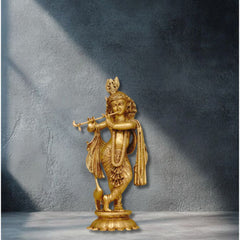 Brass Krishna Idol with flute on Lotus Base