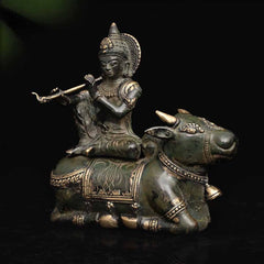 Krishna on Cow - Bronze Handcrafted Sculpture