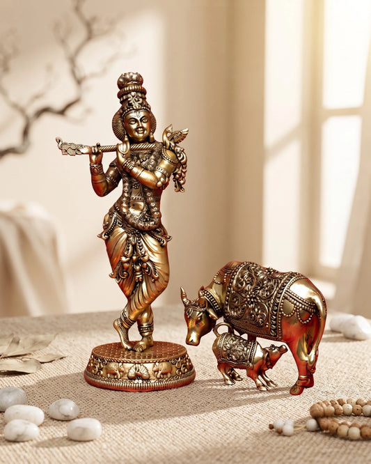 Krishna with Cow and Calf Statue in Brass