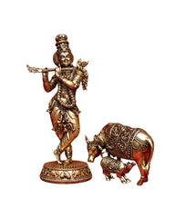 Krishna with Cow and Calf Statue in Brass