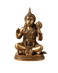 Large Brass Hanuman Statue Sitting with Blessing Hand and Gada