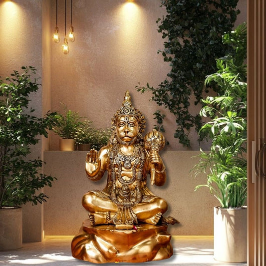 Large Brass Hanuman Statue Sitting with Blessing Hand and Gada