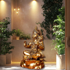 Large Brass Hanuman Statue Sitting with Blessing Hand and Gada