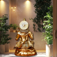 Large Brass Hanuman Statue Sitting with Blessing Hand and Gada